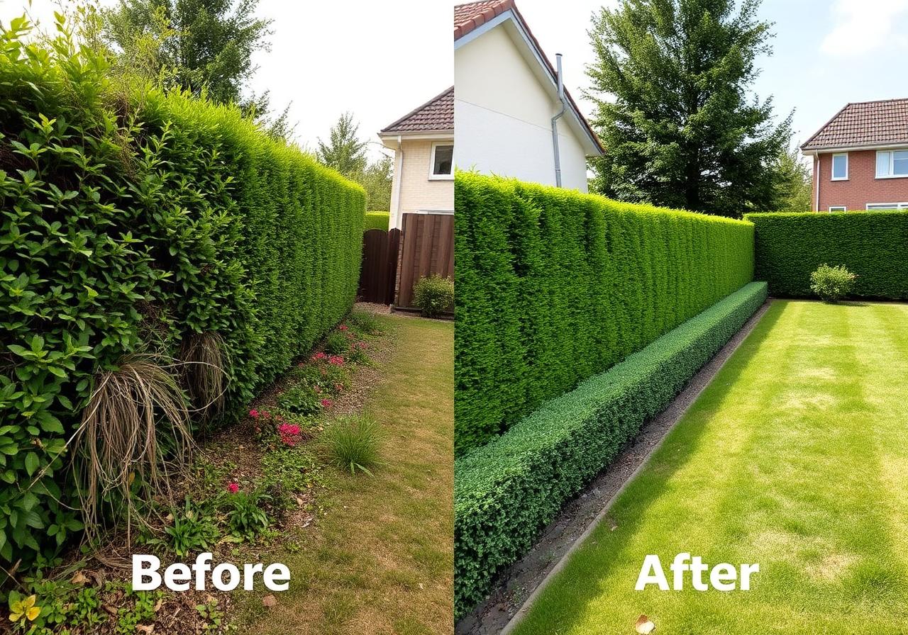 Før og efter — overgroet hæk forvandlet til velplejet have i Ringe